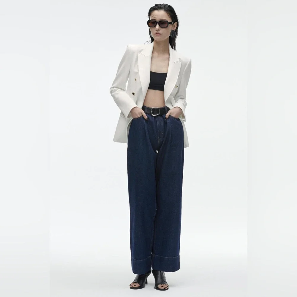 ZARA Oyster White Tailored Double Breasted Blazer Gold Button Sz M NWT - Picture 2 of 6